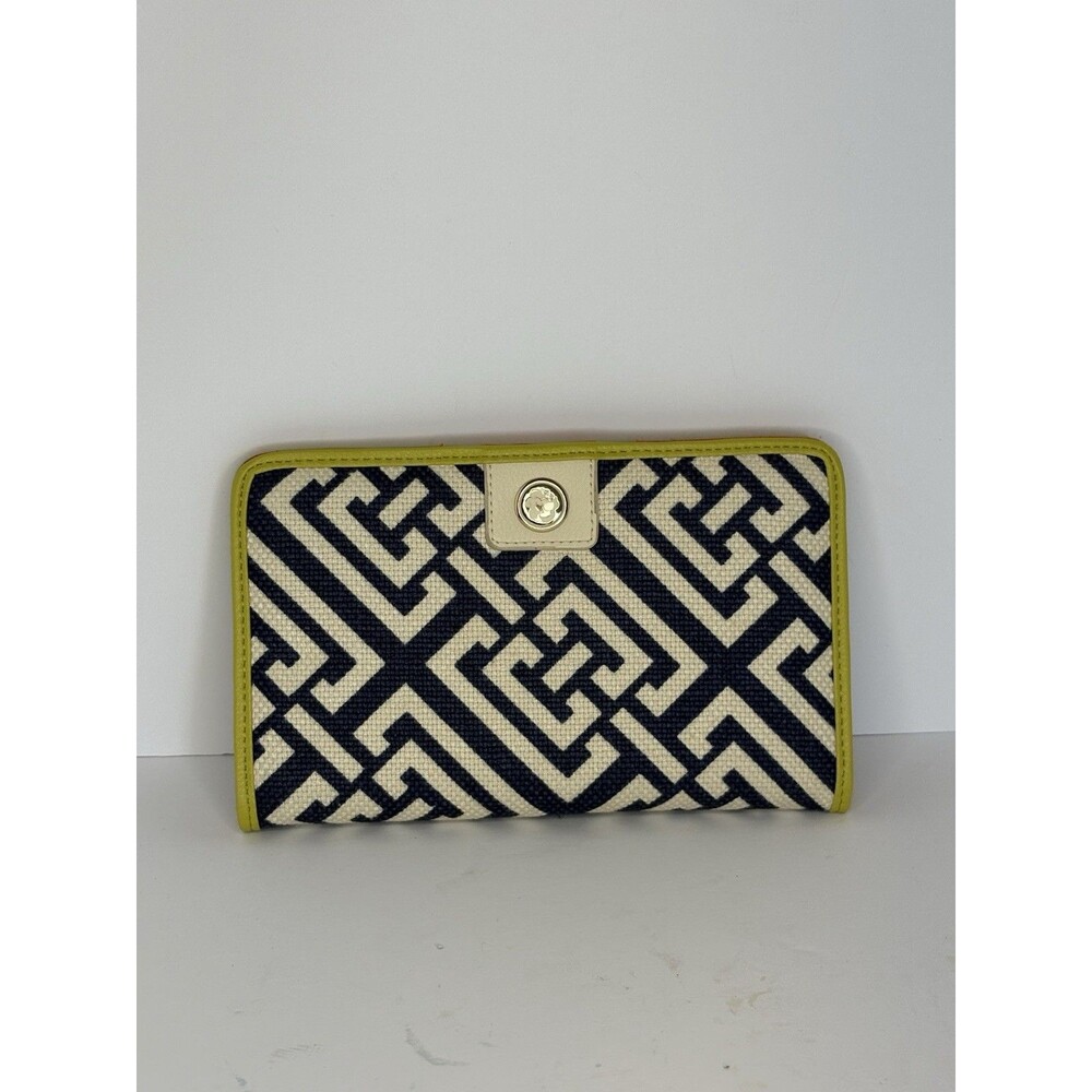 Spartina 449 linen and leather wallet featuring a navy and cream geometric